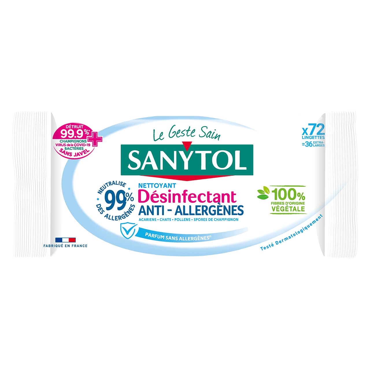 Lingettes nettoyantes désinfectantes surfaces Sanytol - Paquet de 72