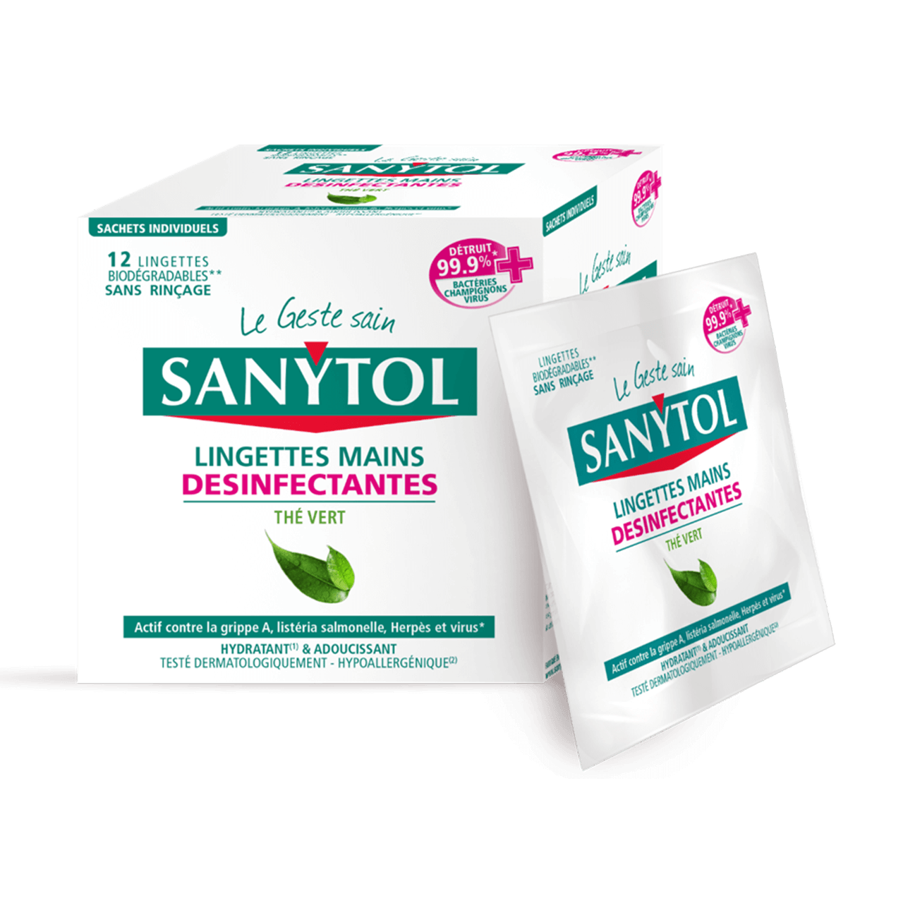 Lingettes individuelles désinfectantes mains Sanytol thé vert